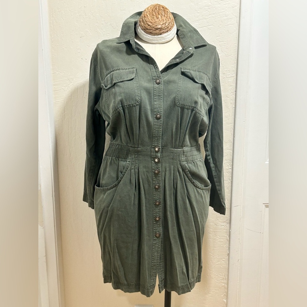 Vintage 90s Forenza Olive Green Denim Button-Front Shirt Dress